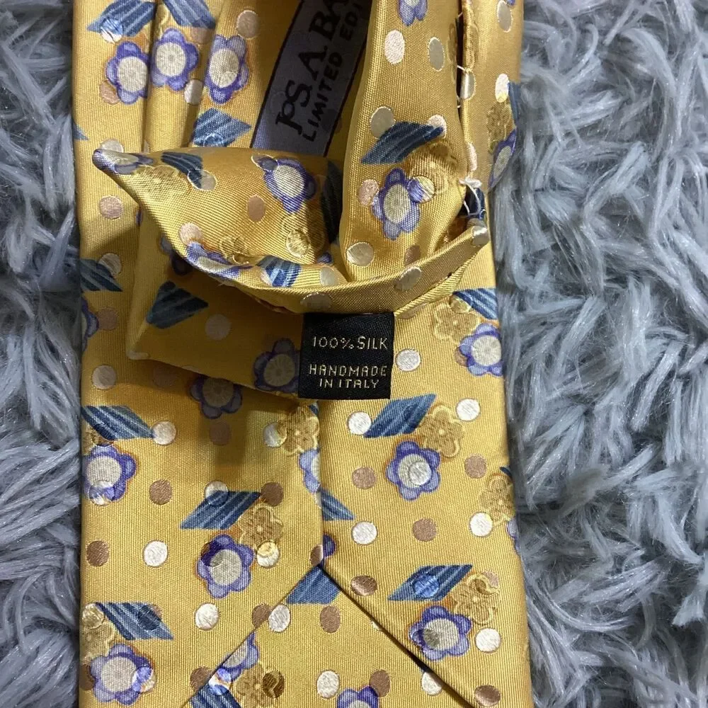 Jos‎ A Bank Signature Gold 100% Silk Tie Yellow Gold Blue Floral Necktie Limited